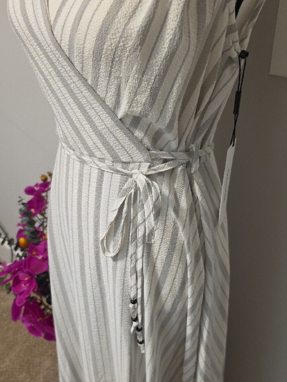 Calvin Klein White and Light Gray Striped Wrap Maxi Dress with Tie Waist - Picture 7 of 16